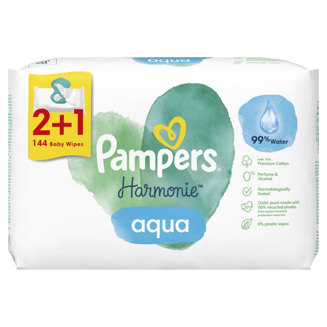 Pampers Harmonie Aqua Baby Μωρομάντηλα 3x48 144τμχ (2+1 Δώρο)