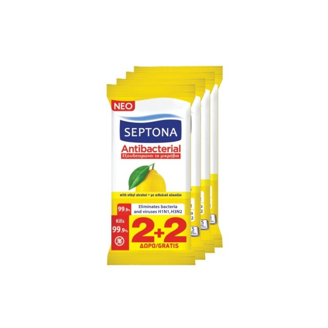 Septona Antibacterial Μαντηλάκια Λεμόνι 4x15 2+2 Δώρο