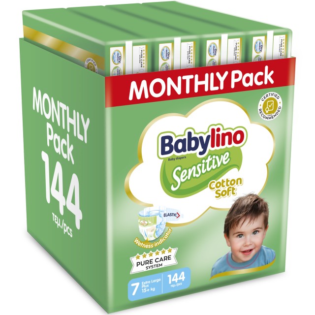 Babylino Sensitive Cotton Soft Πάνες Monthly Pack No7 Extra Large Plus 15+ kg 108τεμ+ 36τεμ ΔΩΡΟ=144τμχ