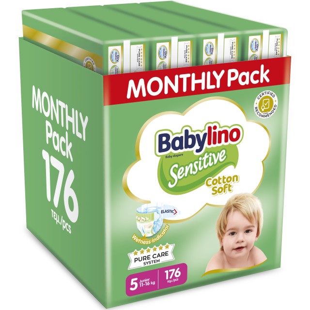 Babylino Sensitive Cotton Soft Πάνες Monthly Pack Νο5 Junior 11-16kg 132 τεμ +44 τεμ ΔΩΡΟ=176τμχ