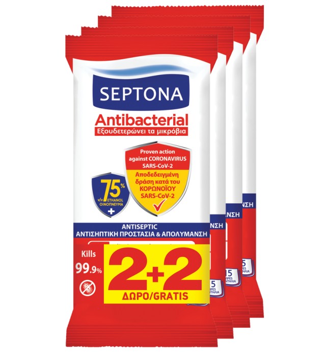 Septona Antibacterial Υγρά Μαντηλάκια 75% Οινόπνευμα 4x15τμχ 2+2 Δώρο