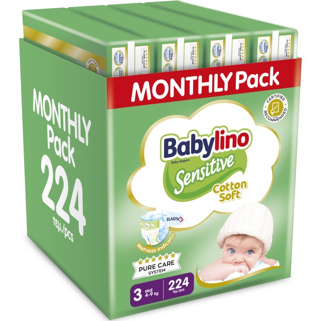 Babylino Sensitive Cotton Soft Πάνες Monthly Pack No3 4-9kg 168τεμ +56τεμ ΔΩΡΟ=224τμχ