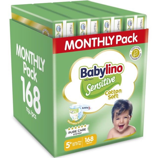 Babylino Sensitive Cotton Soft Πάνες Monthly Pack Νο5+ Junior Plus 12-17kg 126τεμ +42 τεμ ΔΩΡΟ=16τμχ